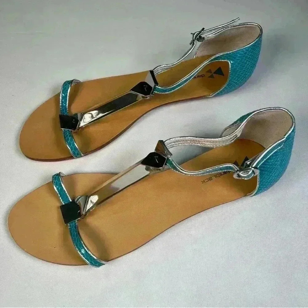 Dani Black turquoise/silver snake flat sandals clear bar between straps Sz 9.5